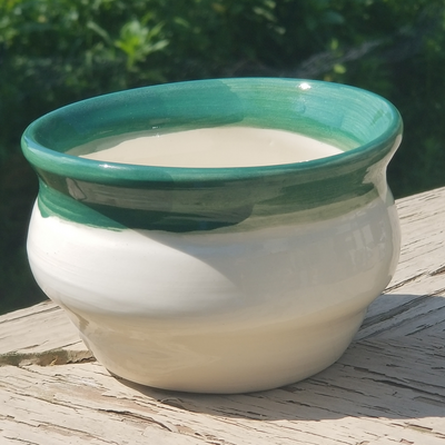 a photo of a hand-thrown ceramic bowl. The main body of the bowl is white. The rim of the 
		bowl is painted hunter green