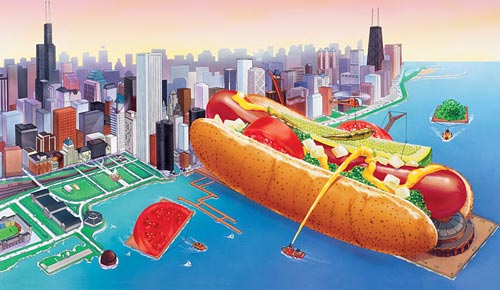 Vienna Beef advertising poster depicting a hot dog as Navy Pier ca. 1985