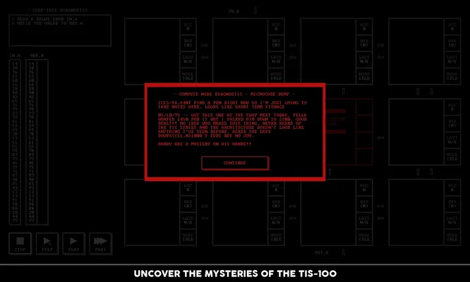 A diary entry world building with the caption, "Uncover the mysteries of the TIS-100".