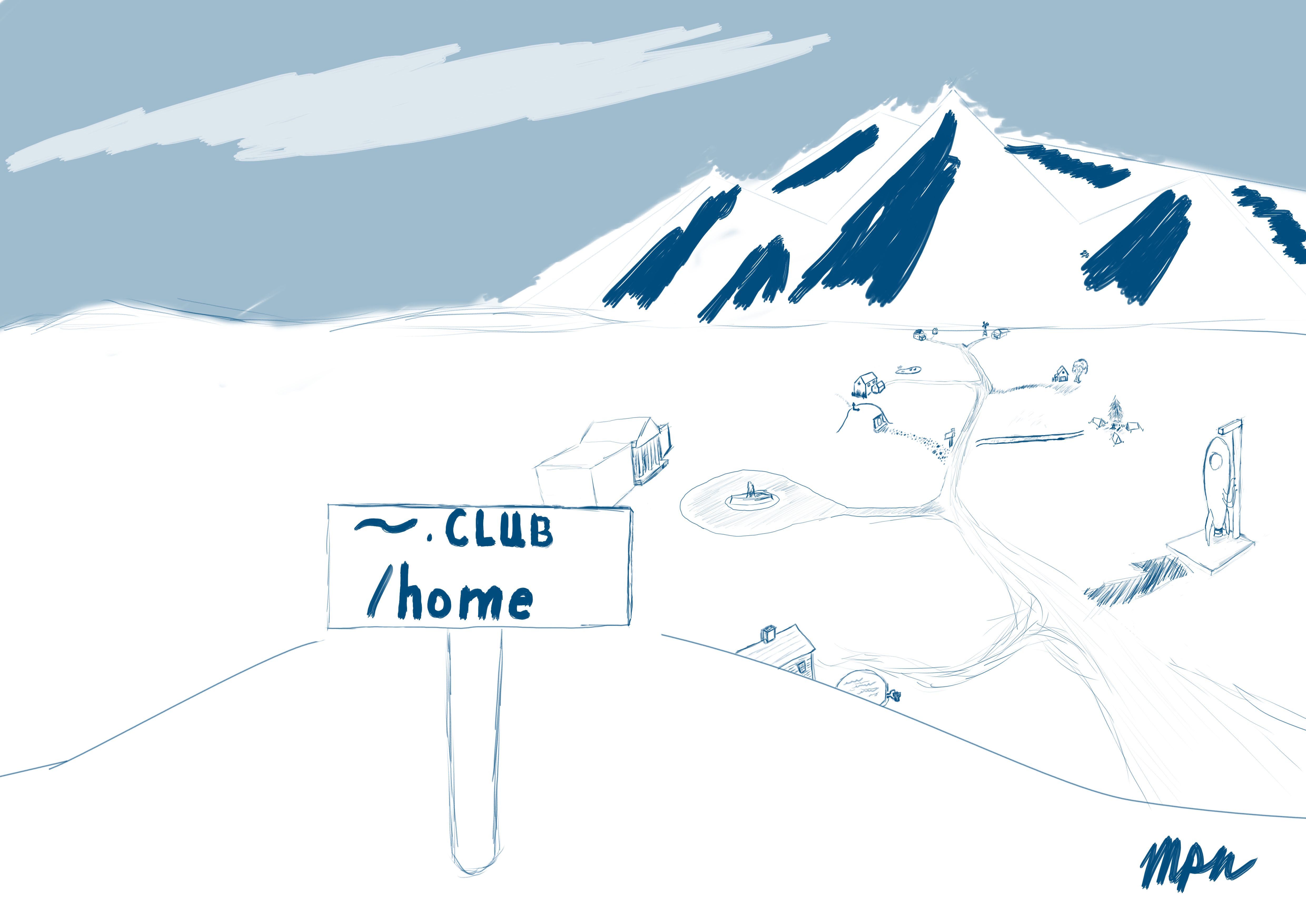 A sign in the foreground with '~.club /home' written on it standing on a hill overlooking a road with different unique houses in the midground and sky and mountains in the background