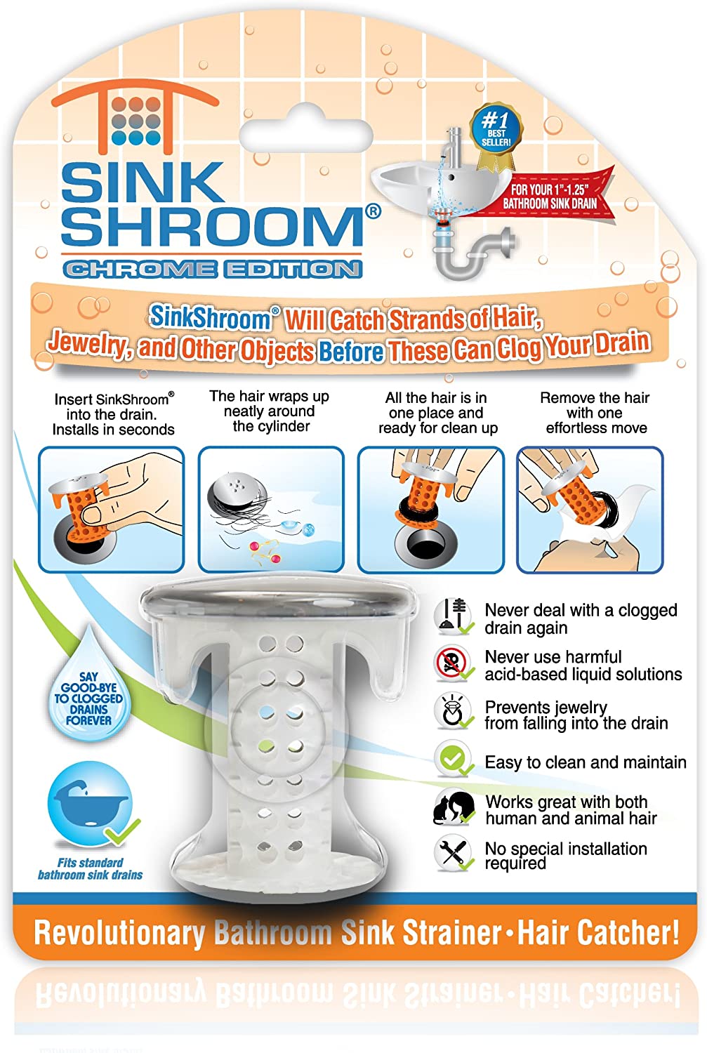 The chrome SinkShroom in its package