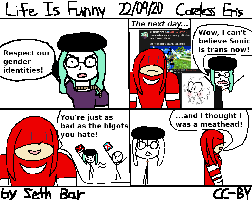 Panel 1 - Eris: Respect our gender identities!
Panel 2 - The next day...
Eris: Wow, I can't believe Sonic is trans now! (Boom Knuckles walks nearby.)
Panel 3 - Boom Knuckles: You're just as bad as the bigots you hate!
Panel 4 - (Eris is embarassed.) Boom Knuckles: ...and I thought I was a meathead!